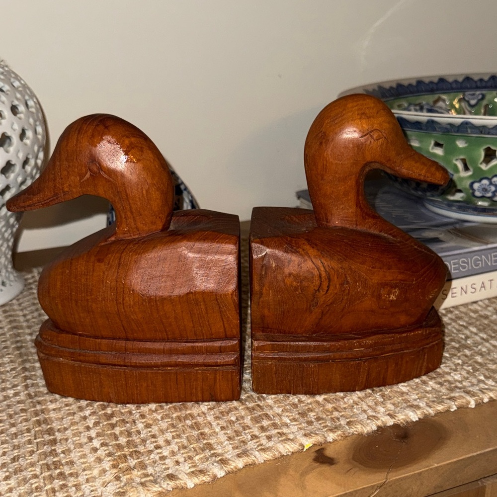Hand Carved Wooden Duck Bookends - Picture 2 of 6
